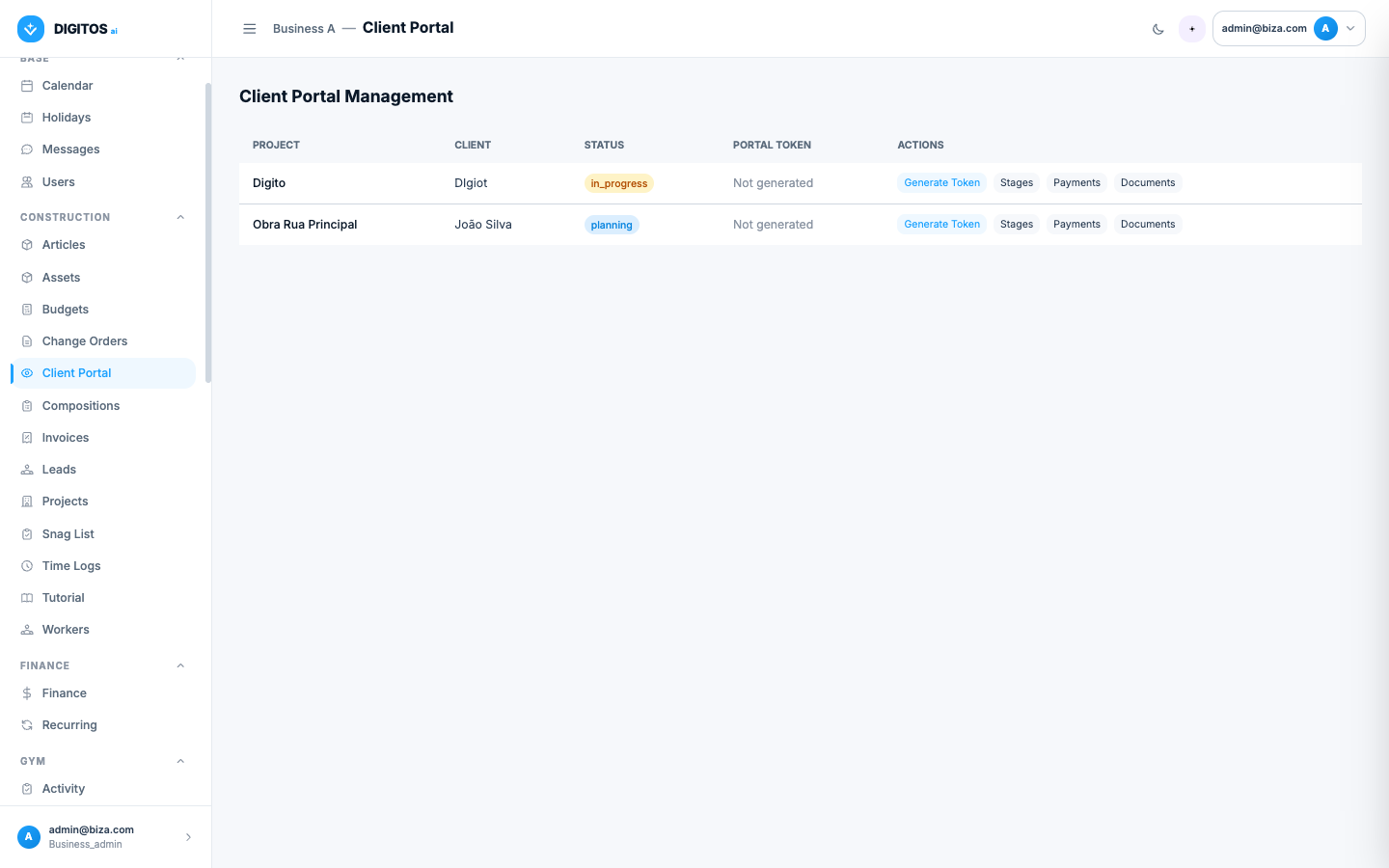 Gestão do Portal de Cliente com tokens por obra