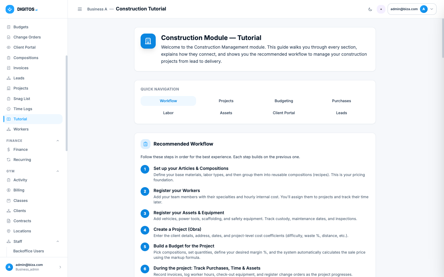 Módulo Construção — visão geral do workflow recomendado
