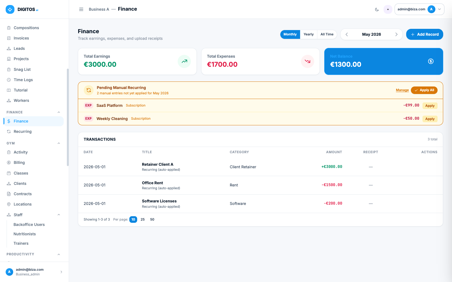 Dashboard de Finanças com receitas, despesas e saldo do mês