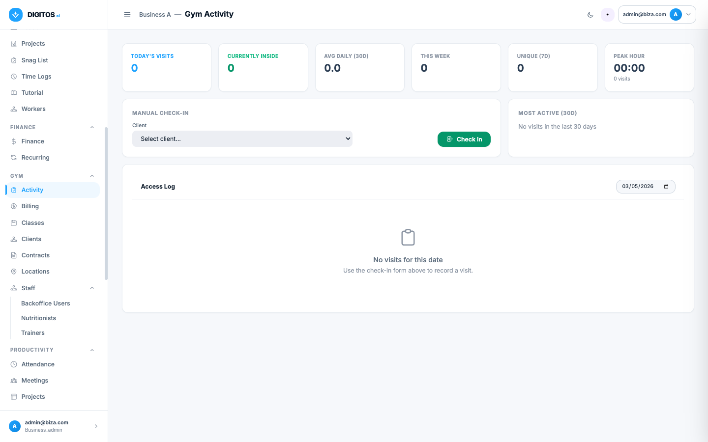 Página de Atividade do ginásio com check-in manual e access log