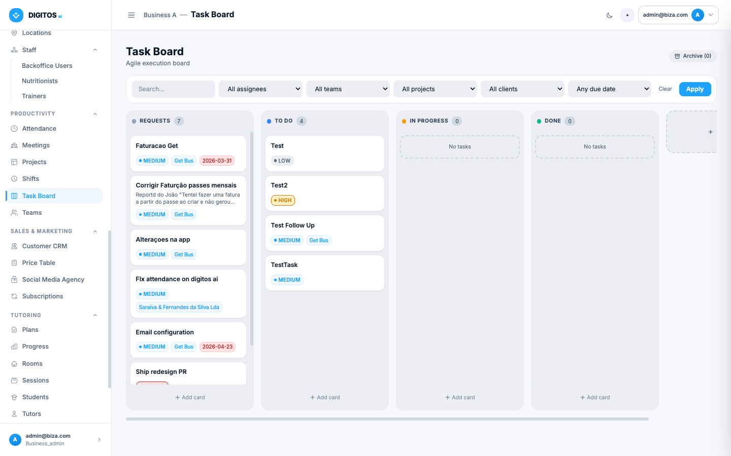 Quadro Kanban com colunas Requests, To Do, In Progress, Done