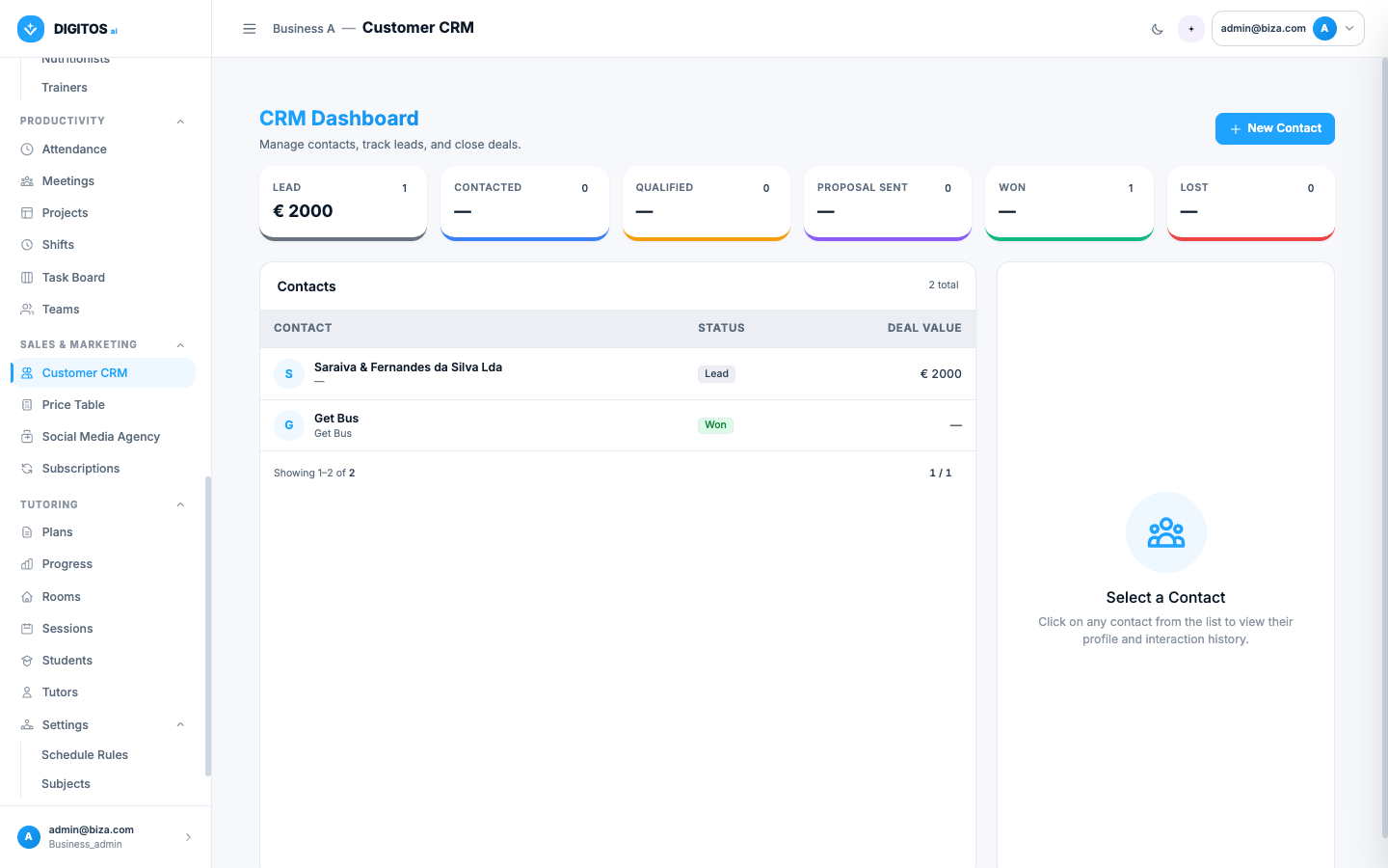 Módulo Vendas e Marketing — dashboard CRM com pipeline em 6 fases